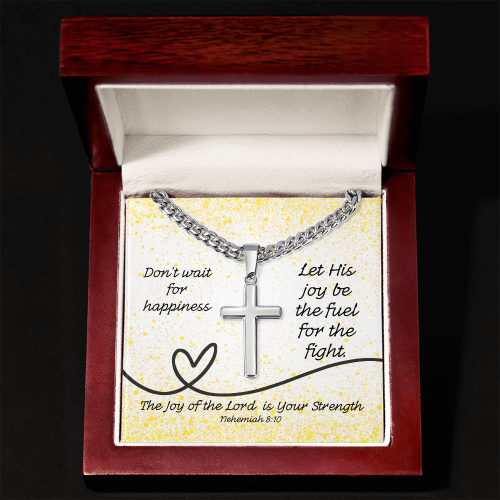The Joy of the Lord Is Your Strength (Nehemiah 8:10) | Premium Sterling Silver Cuban Link Cross Necklace