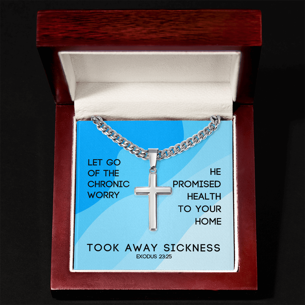 Took Away Sickness (Exodus 23:25) | Premium Sterling Silver Cuban Link Cross Necklace