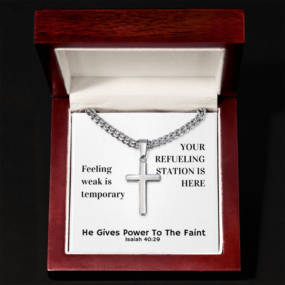 He Gives Power To The Faint (Isaiah 40:29) | Premium Sterling Silver Cuban Link Cross Necklace