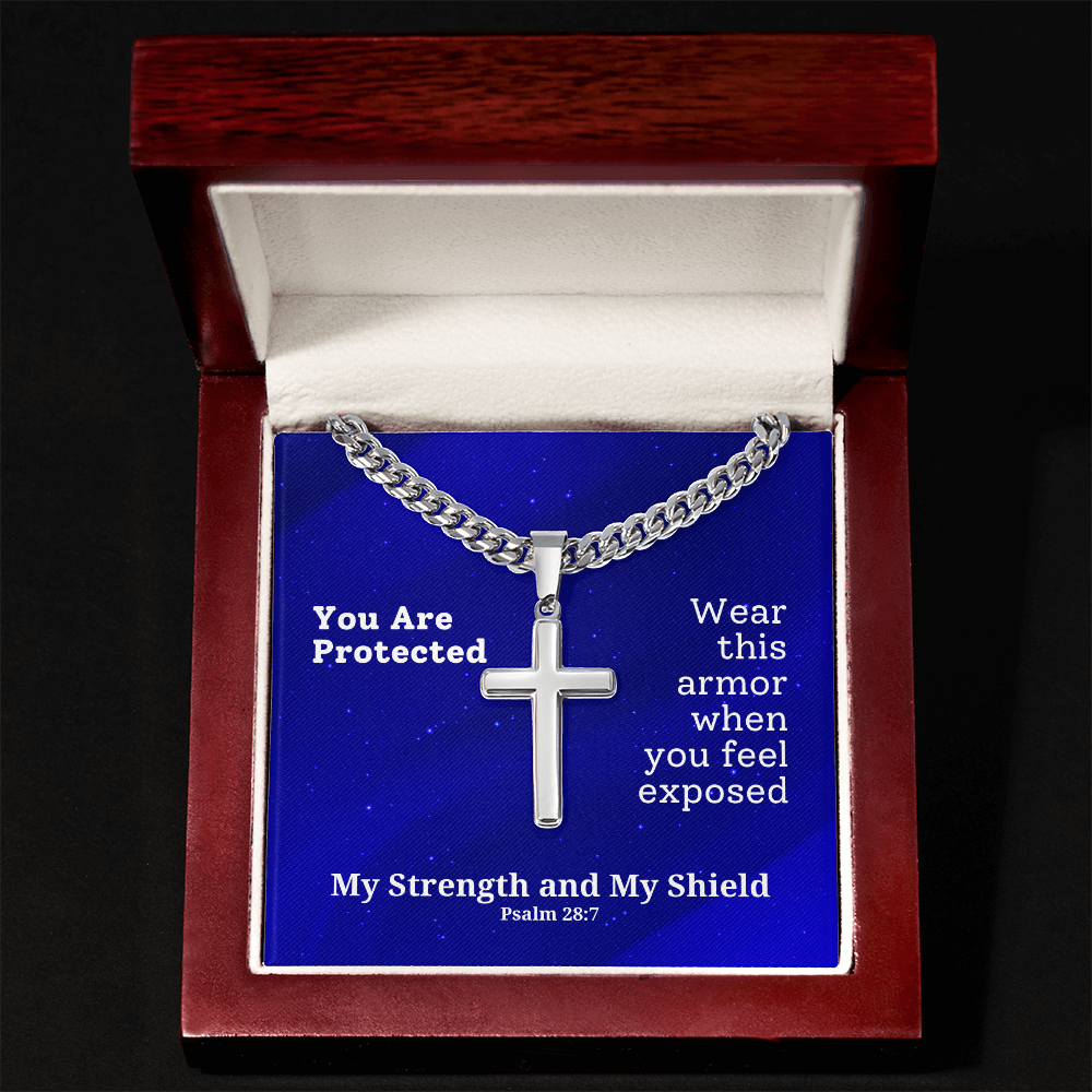 My Strength and My Shield (Psalm 28:7) | Premium Sterling Silver Cuban Link Cross Necklace