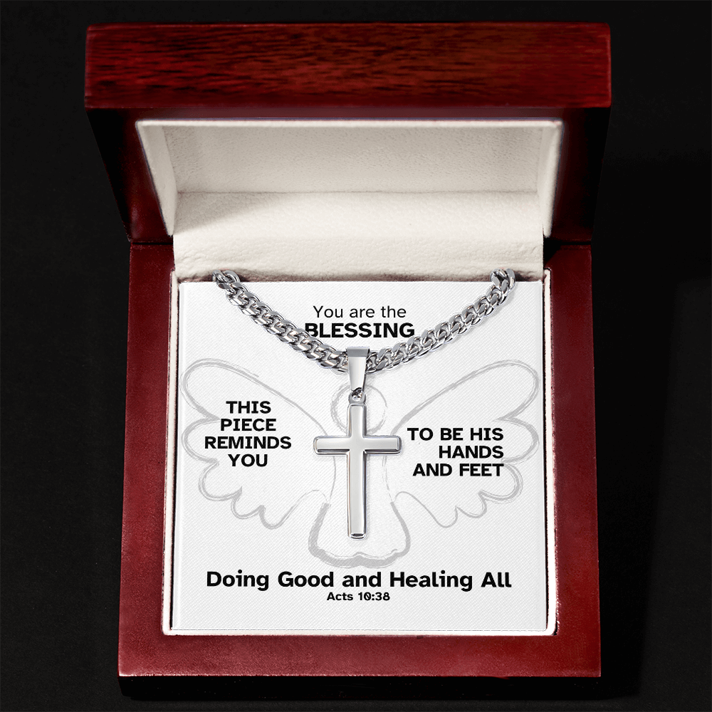 Doing Good And Healing All (Acts 10:38) | Premium Sterling Silver Cuban Link Cross Necklace