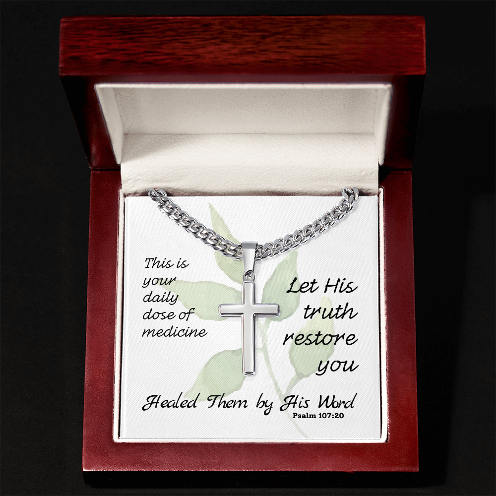 Healed Them By His Words (Psalm 107:20) | Premium Sterling Silver Cuban Link Cross Necklace