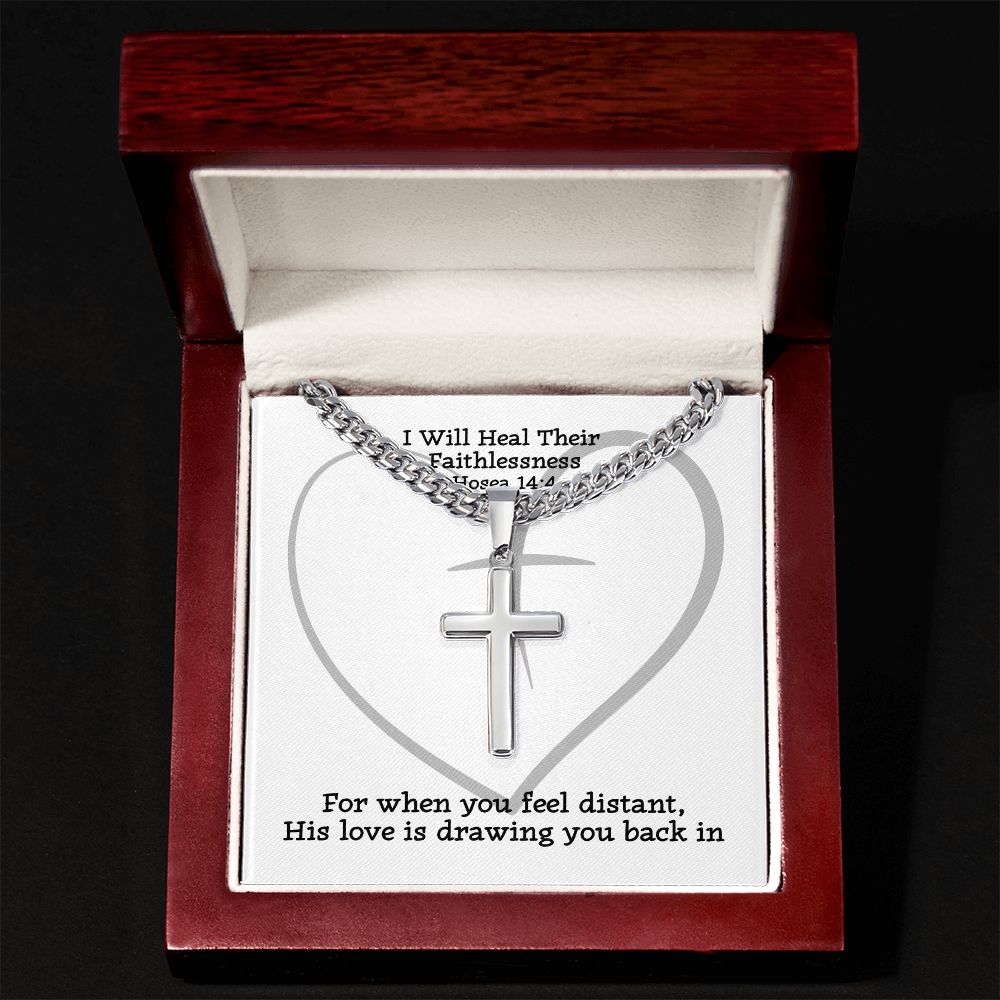 I Will Heal Their  Faithlessness (Hosea 14:4) | Premium Sterling Silver Cuban Link Cross Necklace