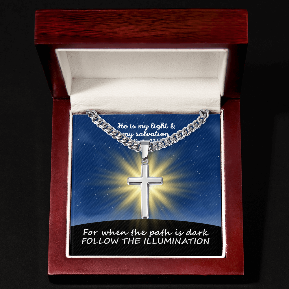 He Is My Light & My Salvation (Psalm 27:1) | Premium Sterling Silver Cuban Link Cross Necklace