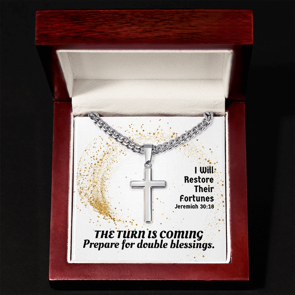 I Will Restore Their Fortunes (Jeremiah 30:18) | Premium Sterling Silver Cuban Link Cross Necklace