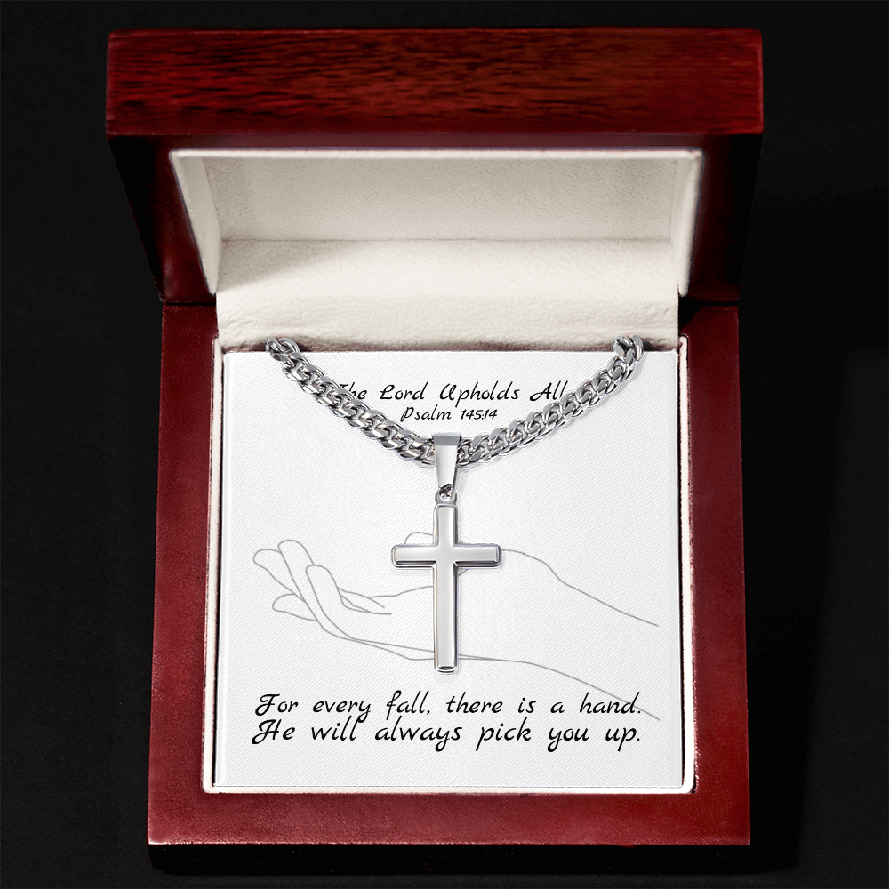 The Lord Upholds All (Psalm 145:14) | Premium Sterling Silver Cuban Link Cross Necklace