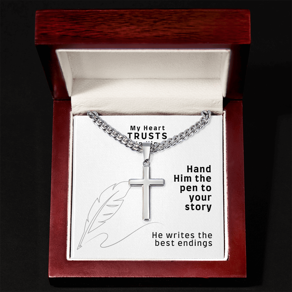 My Heart Trusts In Him (Psalm 28:7) | Premium Sterling Silver Cuban Link Cross Necklace