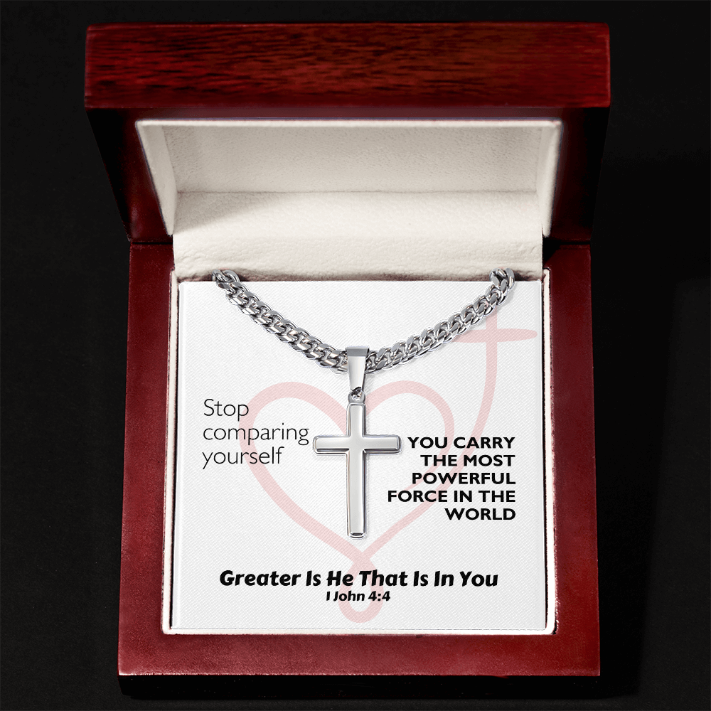 Greater Is He That Is In You (1 John 4:4) | Premium Sterling Silver Cuban Link Cross Necklace