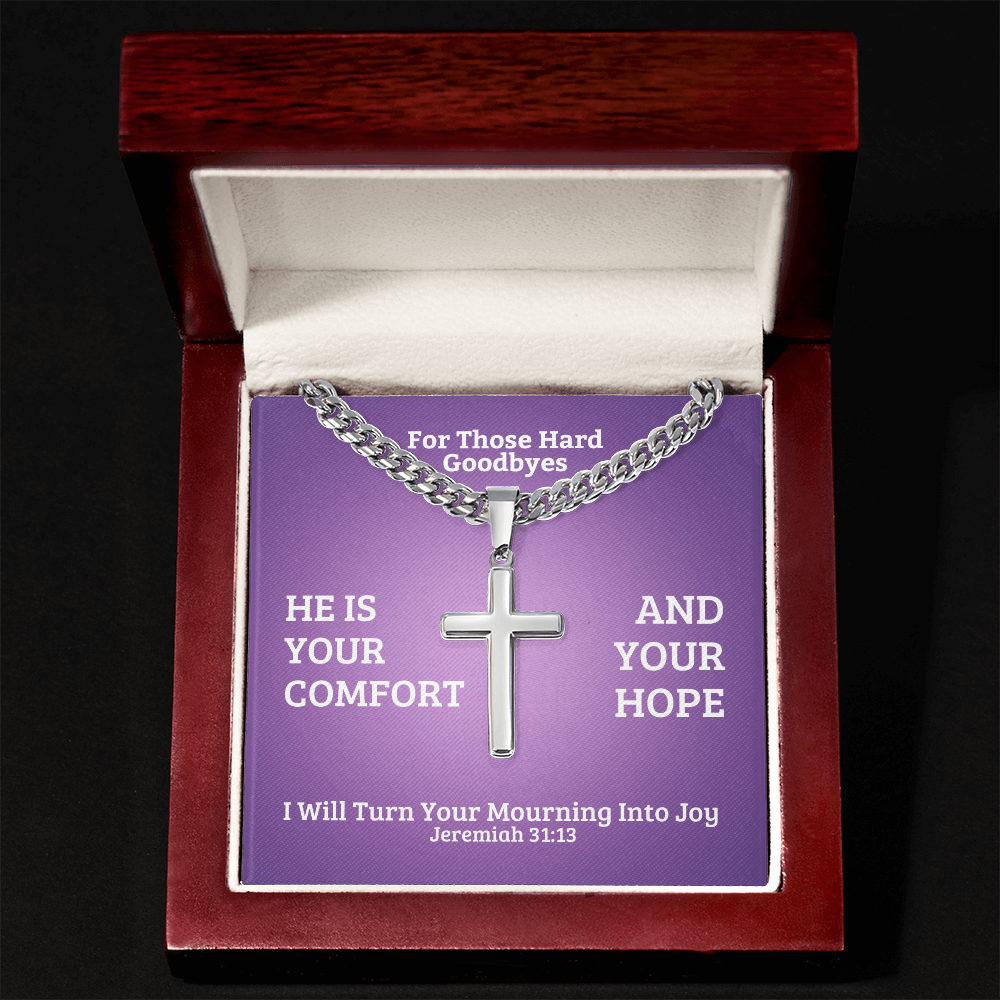 I Will Turn Your Mourning Into Joy (Jeremiah 31:13) | Premium Sterling Silver Cuban Link Cross Necklace