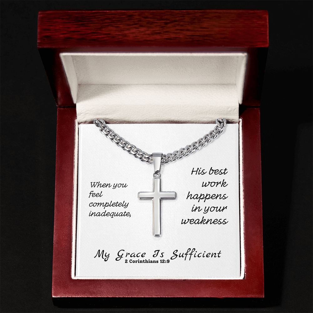 My Grace Is Sufficient (2 Corinthians 12:9) | Premium Sterling Silver Cuban Link Cross Necklace