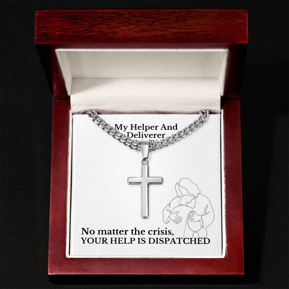 My Helper And Deliverer (Psalm 70:5) | Premium Sterling Silver Cuban Link Cross Necklace