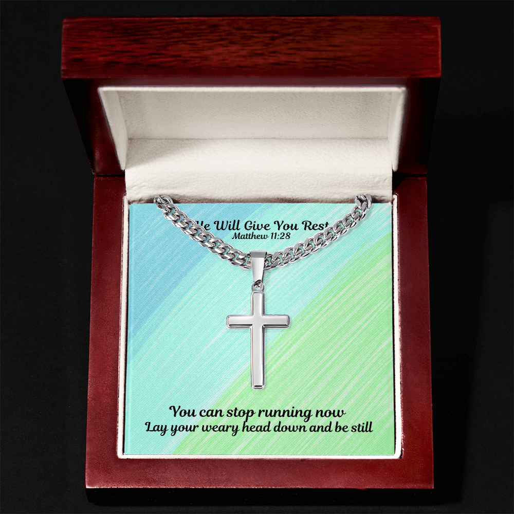 He Will Give You Rest (Matthew 11:28) | Premium Sterling Silver Cuban Link Cross Necklace