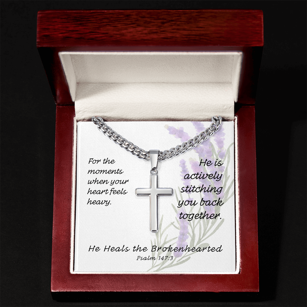 He Heals The Brokenhearted (Psalm 147:3) | Premium Sterling Silver Cuban Link Cross Necklace