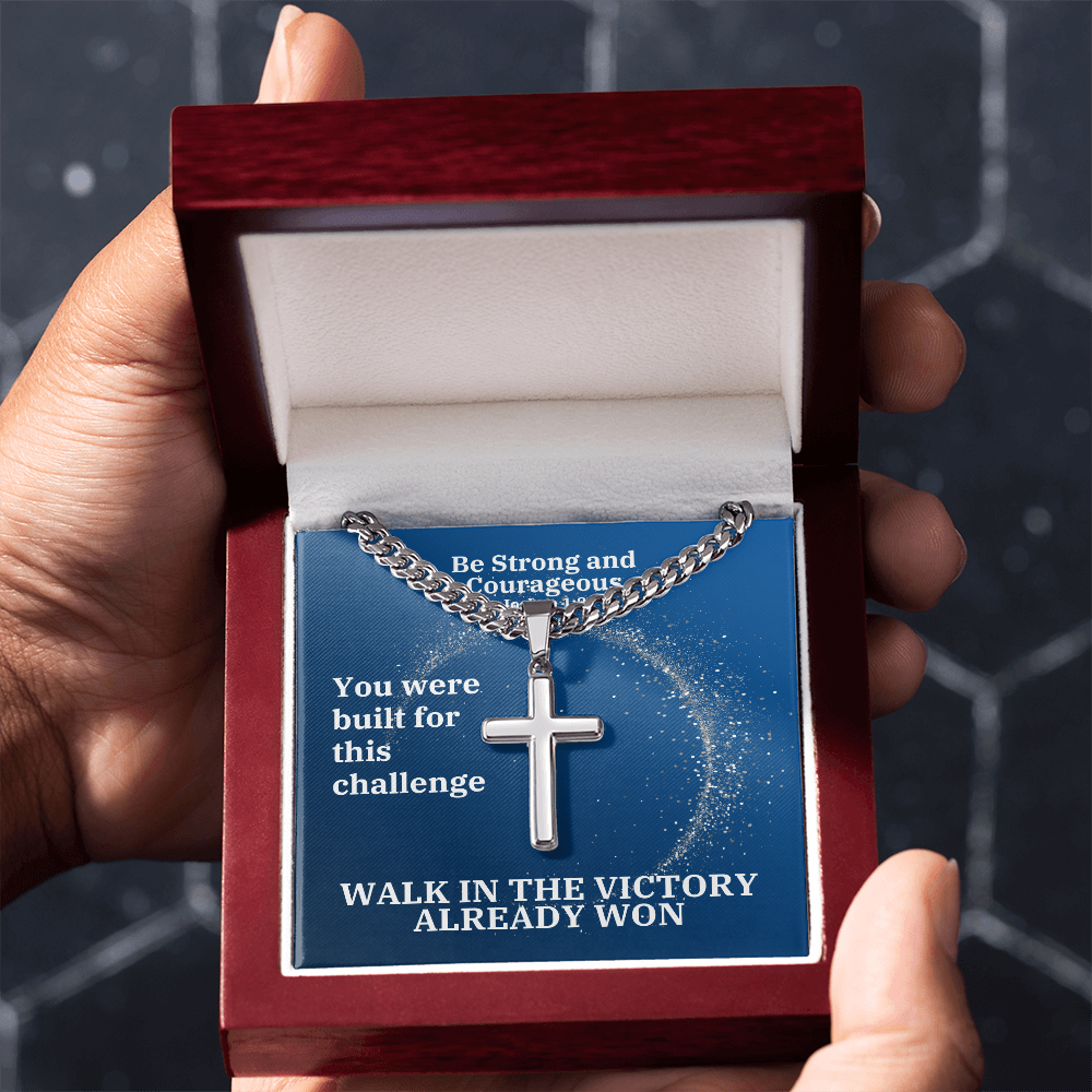 Be Strong And Courageous (Joshua 1:9) | Premium Sterling Silver Cuban Link Cross Necklace