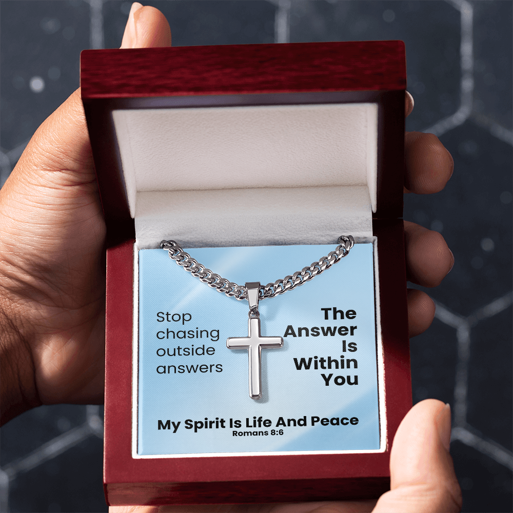 My Spirit Is Life And Peace (Romans 8:6) | Premium Sterling Silver Cuban Link Cross Necklace
