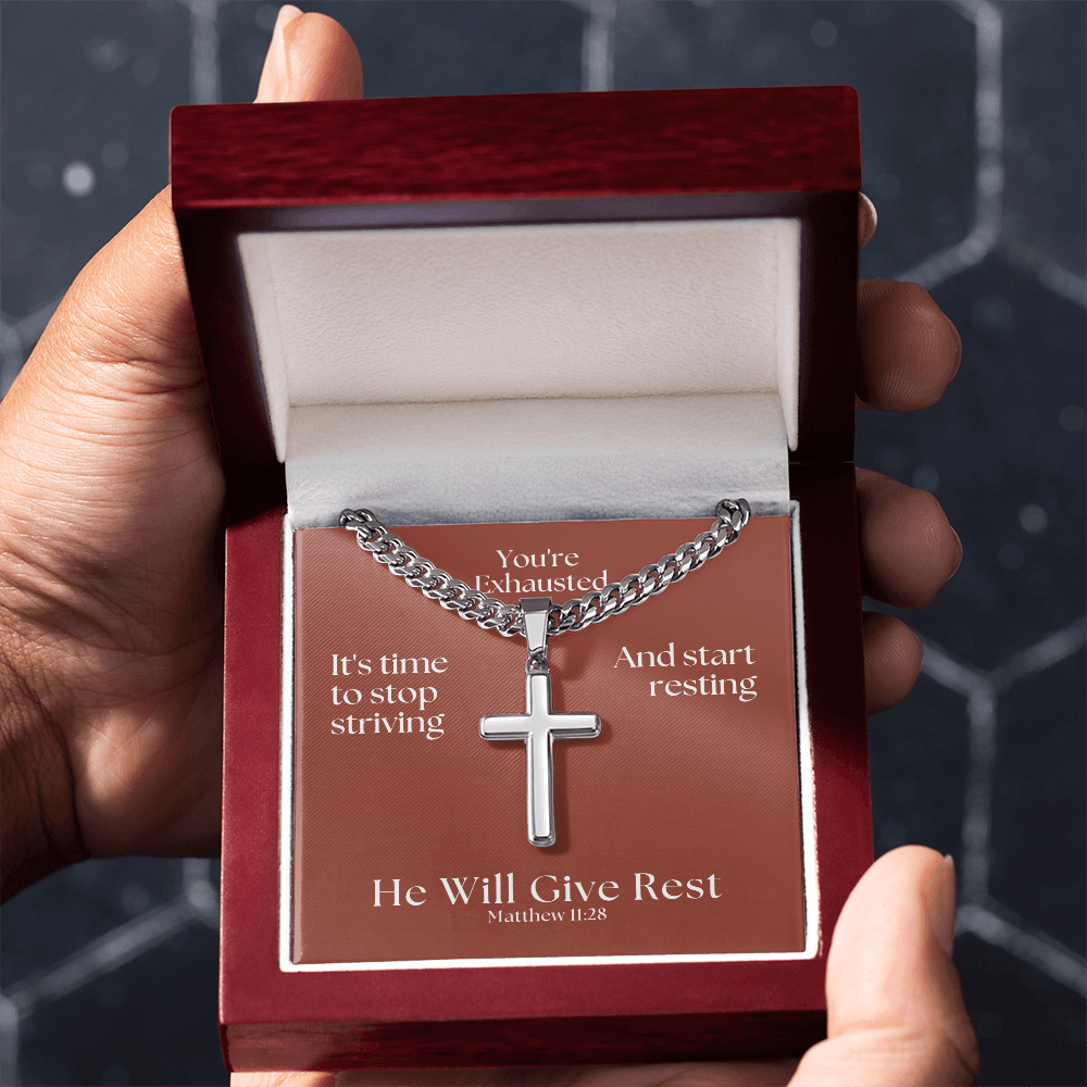 He Will Give  Rest (Matthew 11:28) | Premium Sterling Silver Cuban Link Cross Necklace