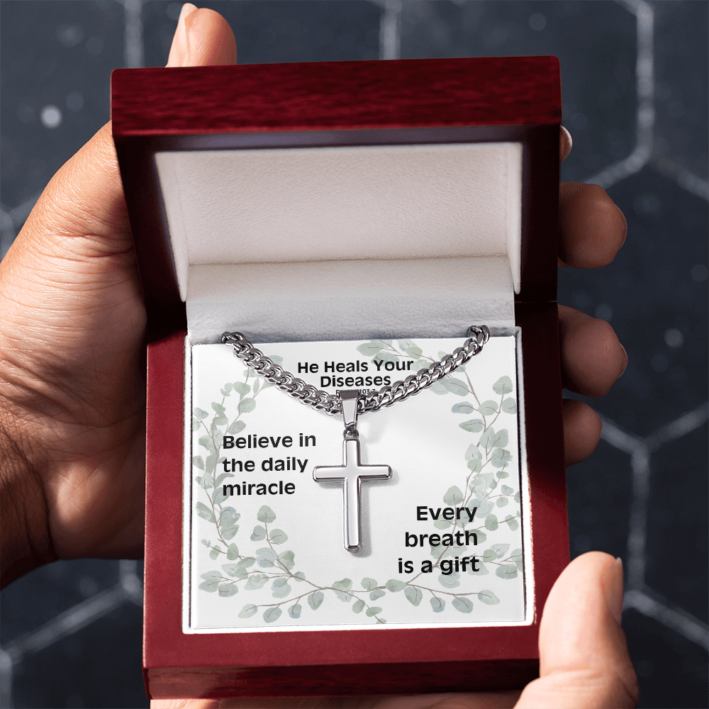 He Heals Your Diseases (Psalm 103:3) | Premium Sterling Silver Cuban Link Cross Necklace