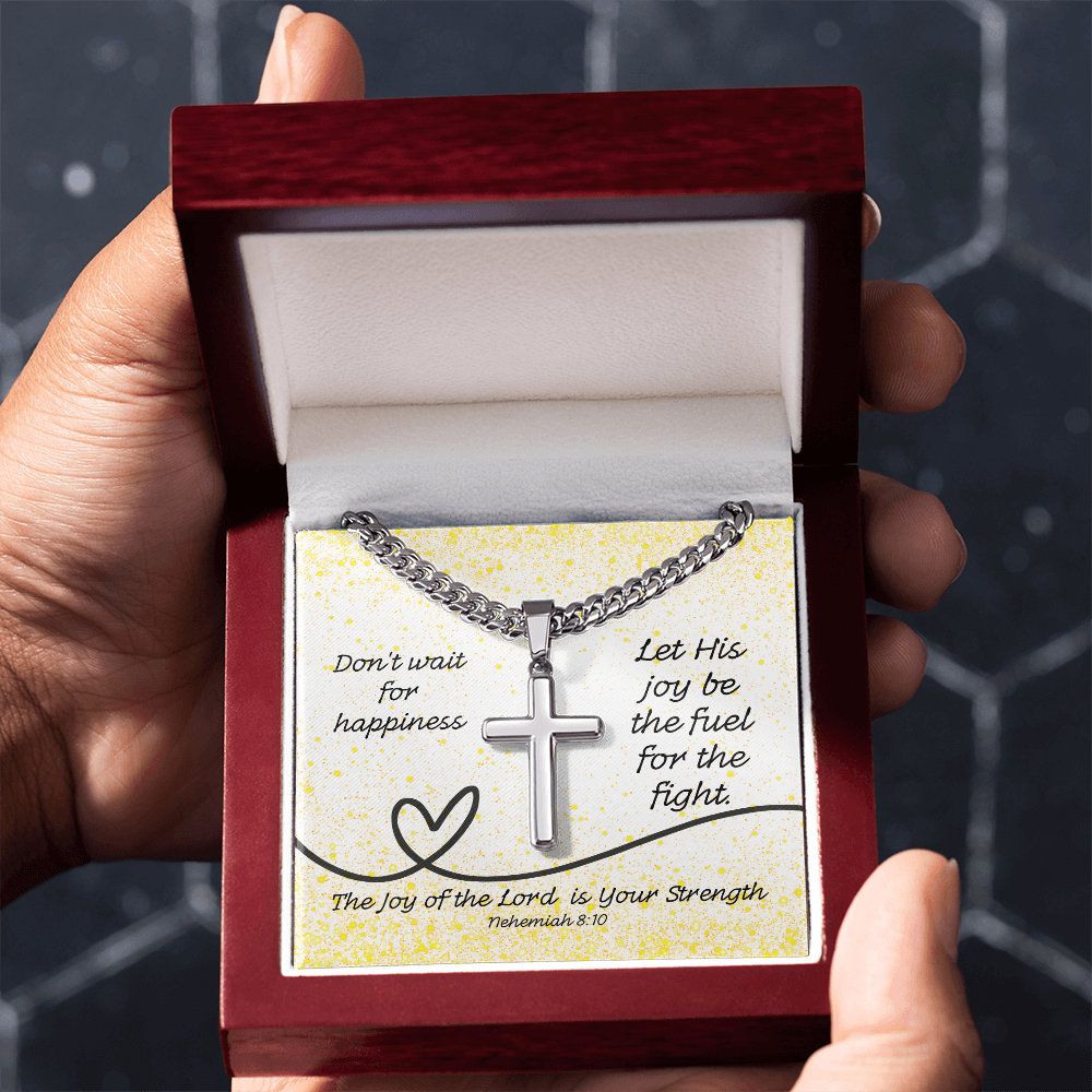 The Joy of the Lord Is Your Strength (Nehemiah 8:10) | Premium Sterling Silver Cuban Link Cross Necklace