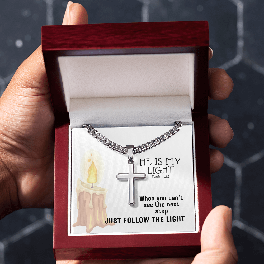 He Is My Light (Psalm 27:1) | Premium Sterling Silver Cuban Link Cross Necklace