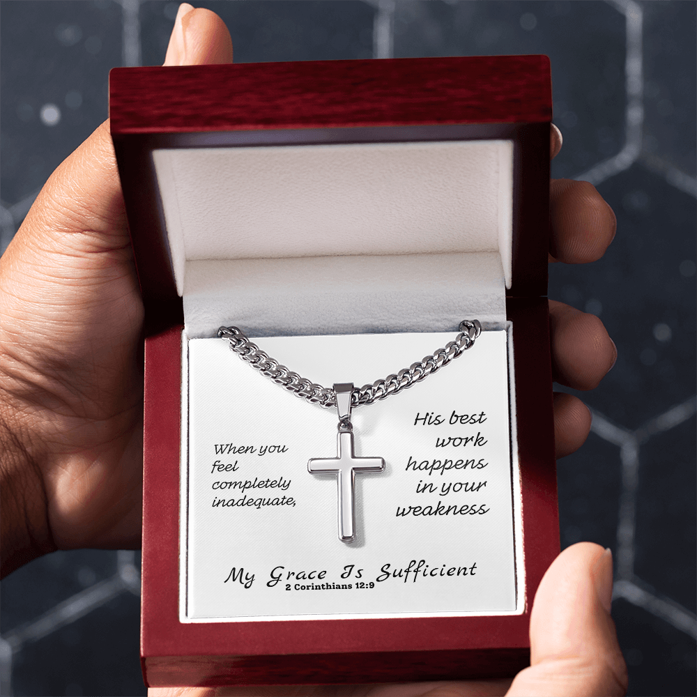 My Grace Is Sufficient (2 Corinthians 12:9) | Premium Sterling Silver Cuban Link Cross Necklace