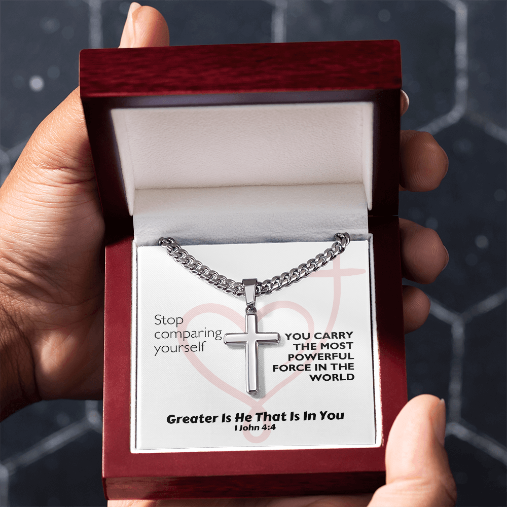 Greater Is He That Is In You (1 John 4:4) | Premium Sterling Silver Cuban Link Cross Necklace