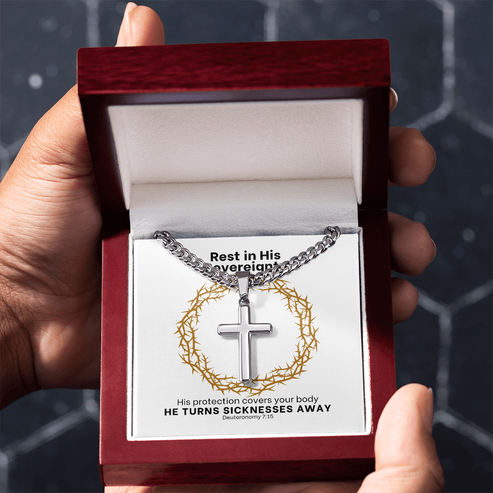 He Turns Sicknesses Away (Deuteronomy 7:15) | Premium Sterling Silver Cuban Link Cross Necklace