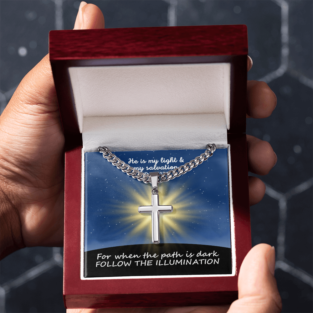 He Is My Light & My Salvation (Psalm 27:1) | Premium Sterling Silver Cuban Link Cross Necklace