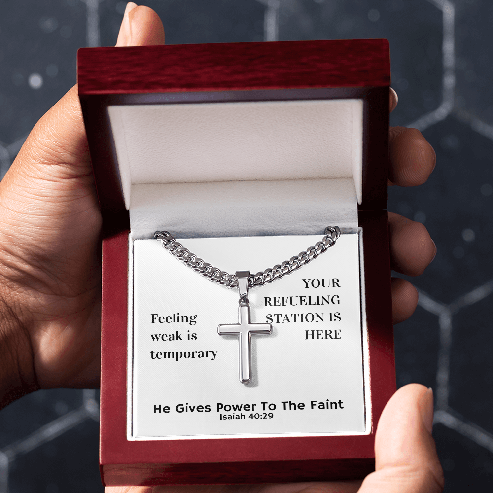He Gives Power To The Faint (Isaiah 40:29) | Premium Sterling Silver Cuban Link Cross Necklace