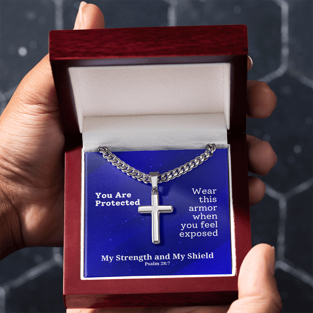 My Strength and My Shield (Psalm 28:7) | Premium Sterling Silver Cuban Link Cross Necklace