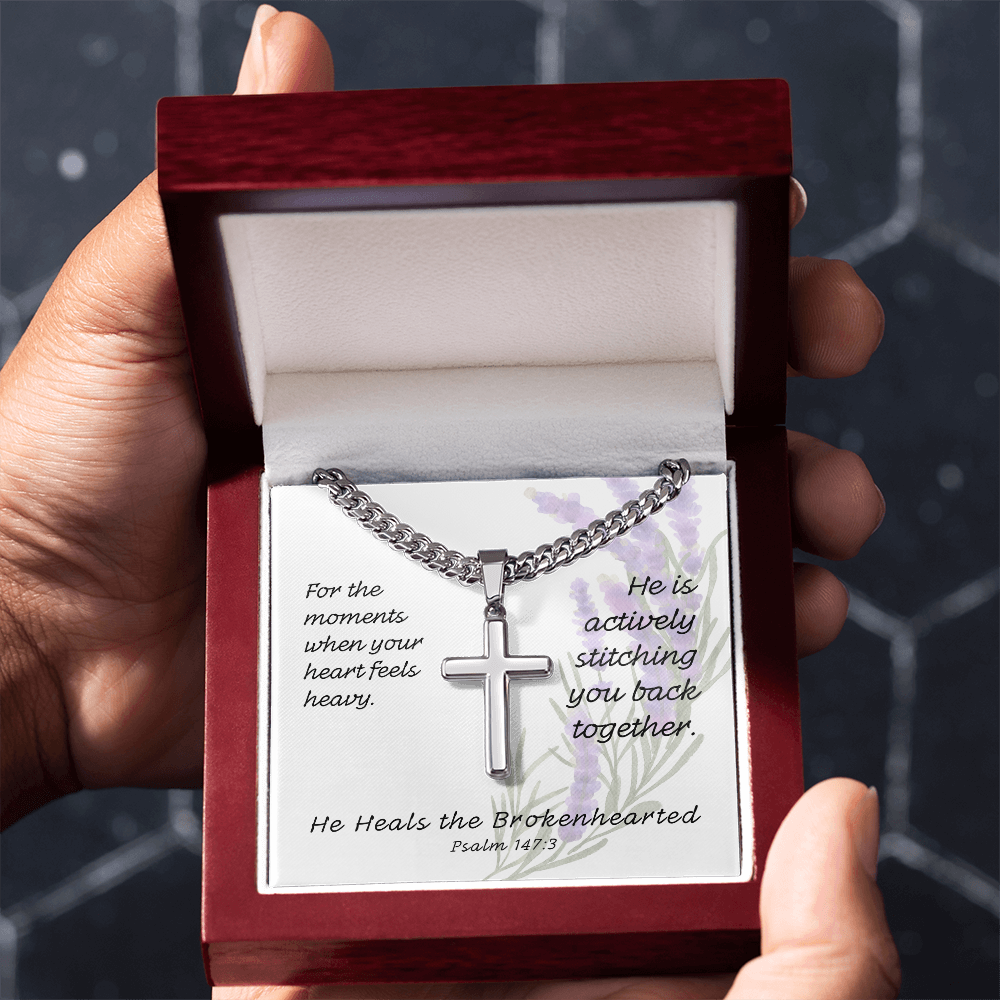 He Heals The Brokenhearted (Psalm 147:3) | Premium Sterling Silver Cuban Link Cross Necklace
