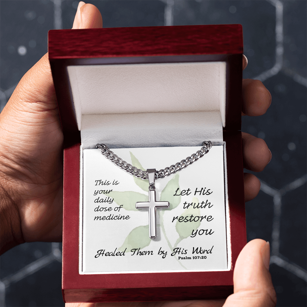 Healed Them By His Words (Psalm 107:20) | Premium Sterling Silver Cuban Link Cross Necklace