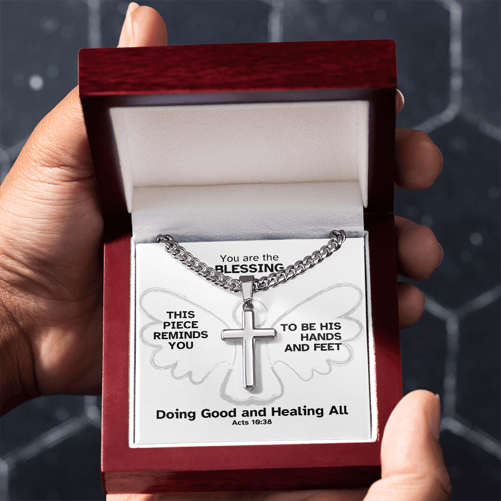 Doing Good And Healing All (Acts 10:38) | Premium Sterling Silver Cuban Link Cross Necklace