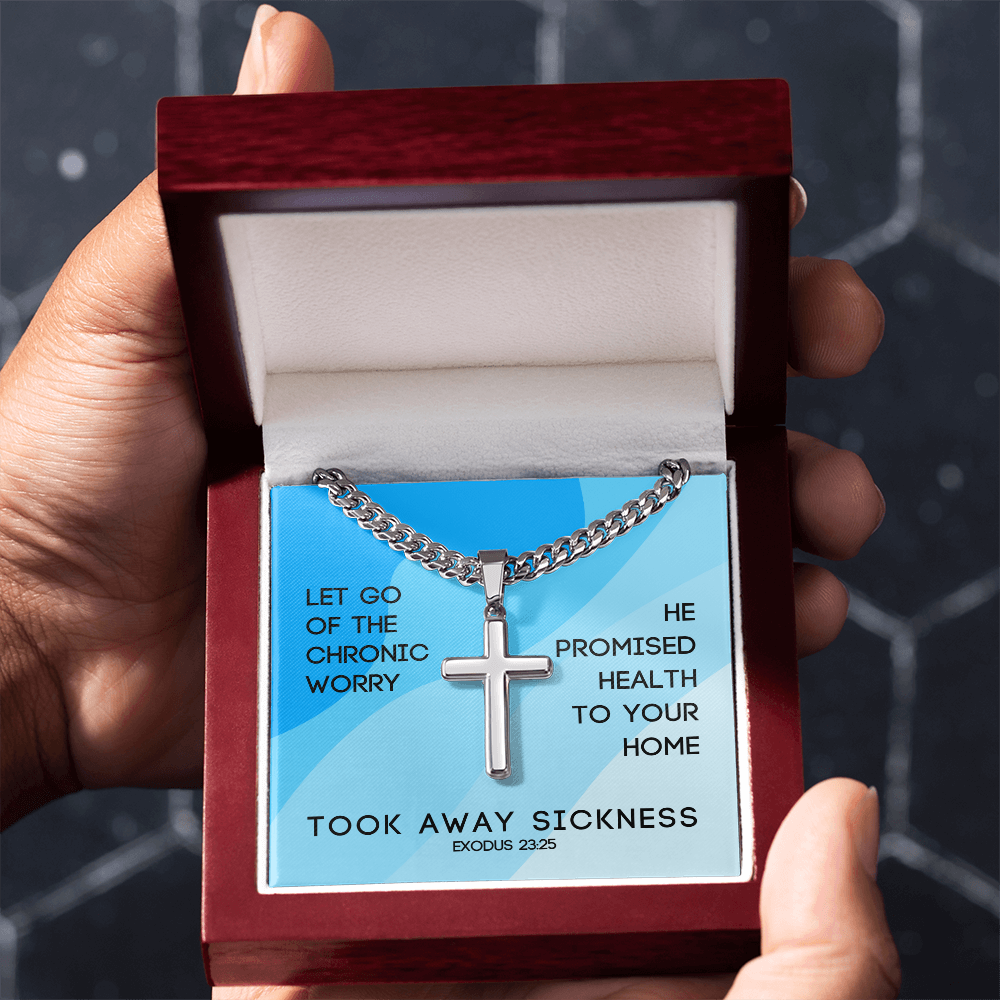 Took Away Sickness (Exodus 23:25) | Premium Sterling Silver Cuban Link Cross Necklace