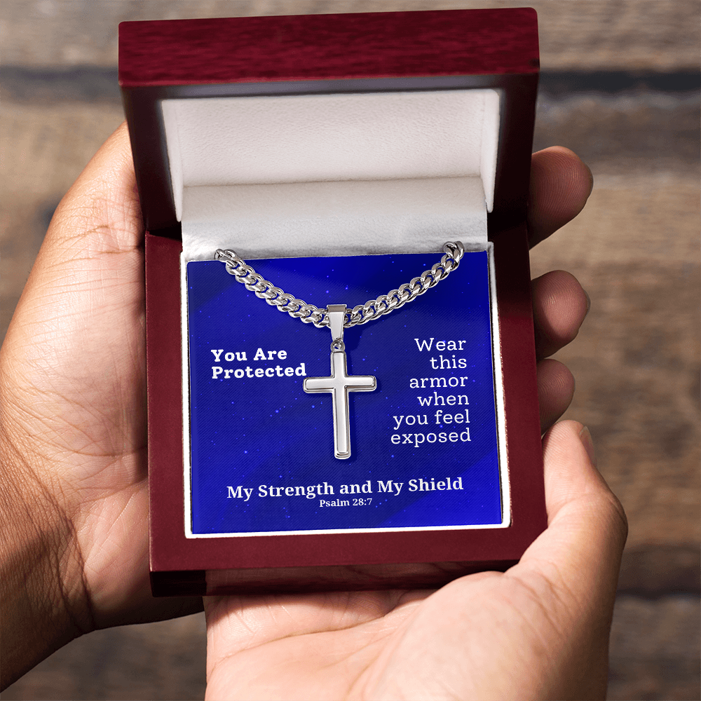My Strength and My Shield (Psalm 28:7) | Premium Sterling Silver Cuban Link Cross Necklace