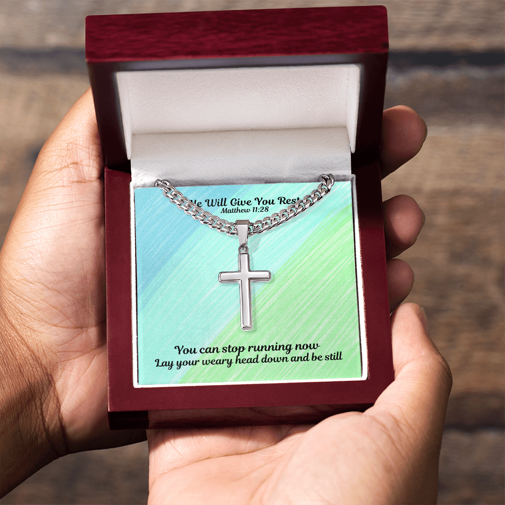 He Will Give You Rest (Matthew 11:28) | Premium Sterling Silver Cuban Link Cross Necklace