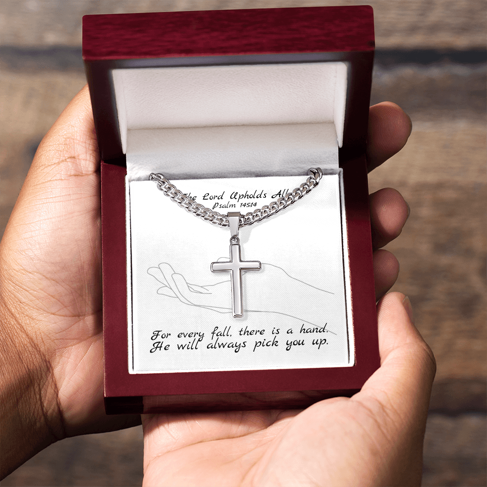 The Lord Upholds All (Psalm 145:14) | Premium Sterling Silver Cuban Link Cross Necklace