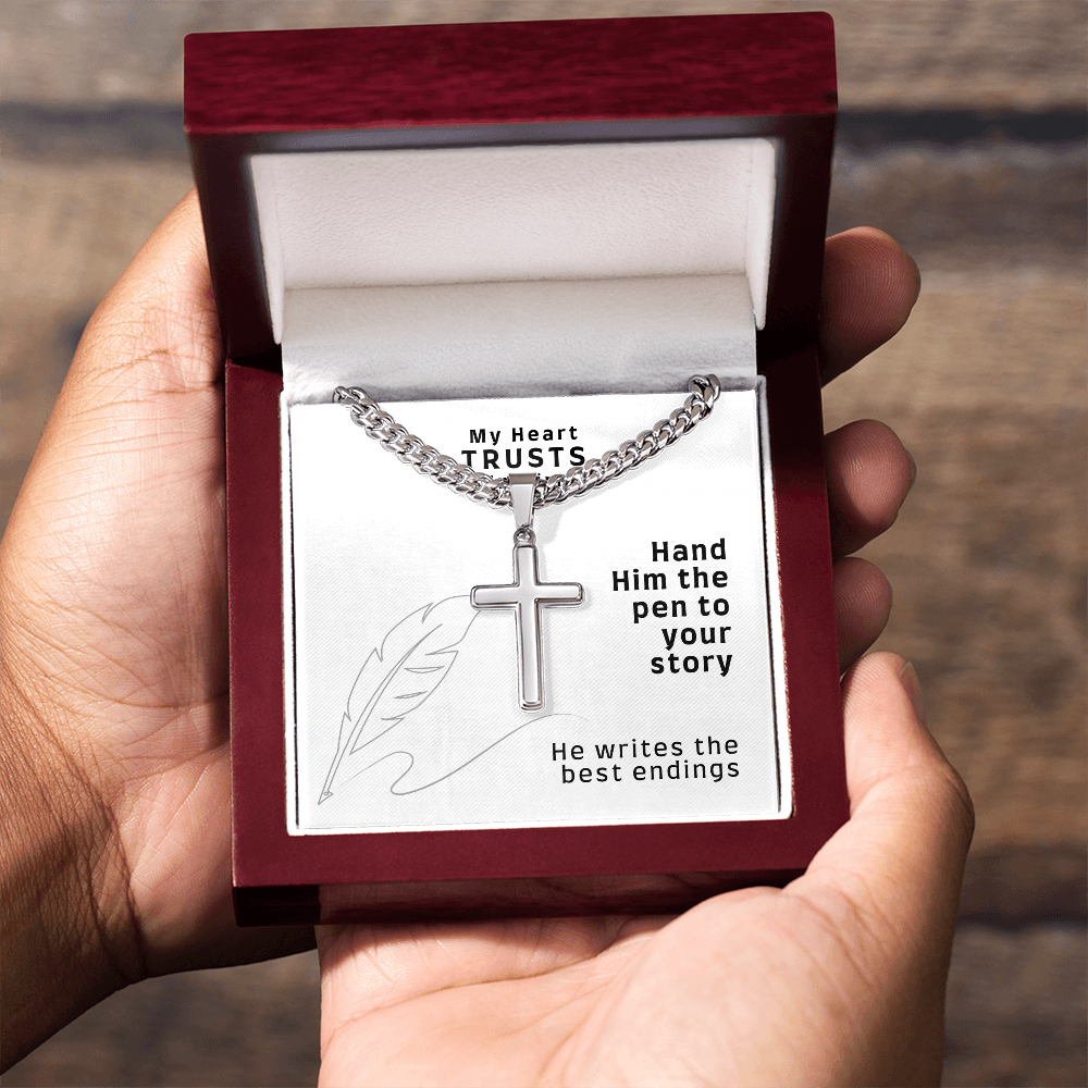 My Heart Trusts In Him (Psalm 28:7) | Premium Sterling Silver Cuban Link Cross Necklace