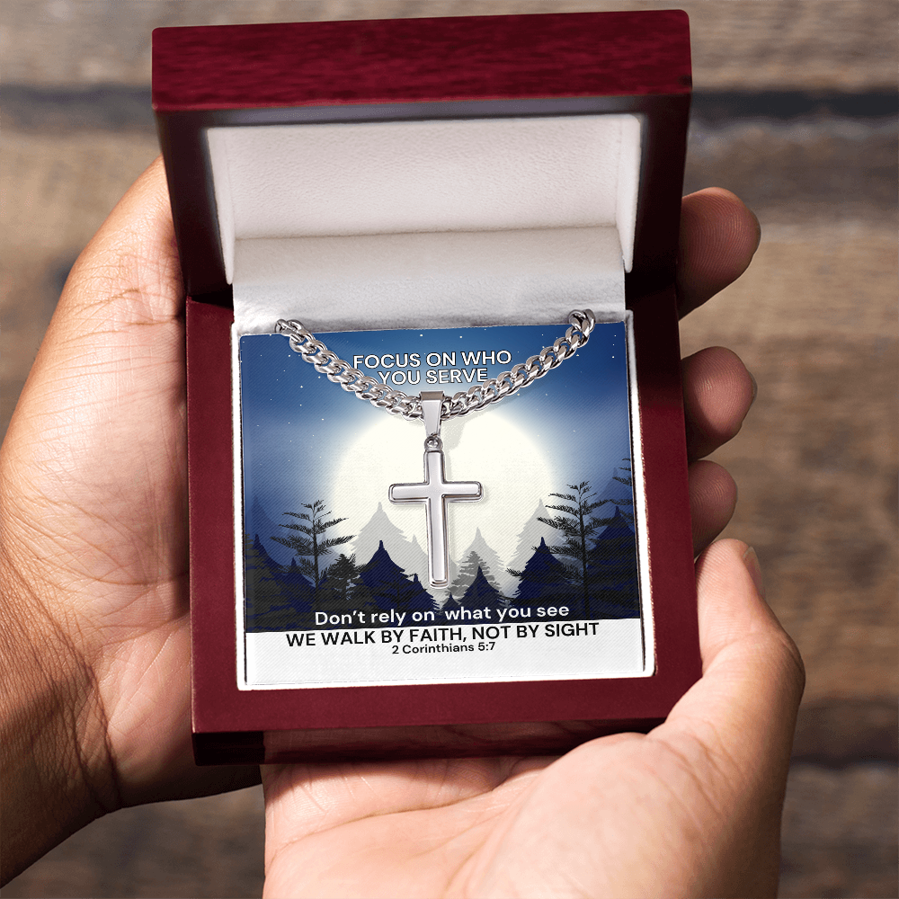 We Walk By Faith, Not By Sight (2 Corinthians 5:7) | Premium Sterling Silver Cuban Link Cross Necklace