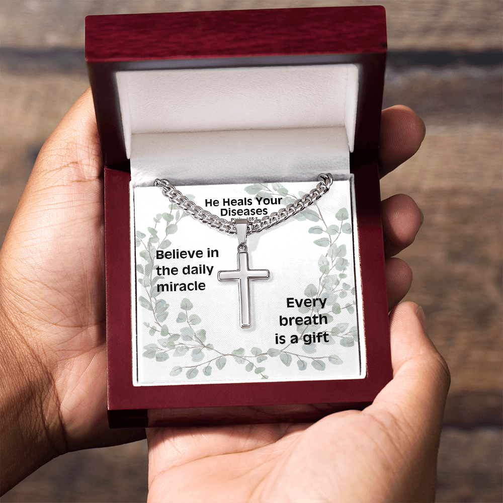 He Heals Your Diseases (Psalm 103:3) | Premium Sterling Silver Cuban Link Cross Necklace