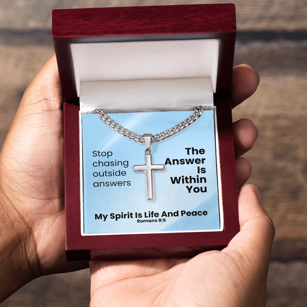 My Spirit Is Life And Peace (Romans 8:6) | Premium Sterling Silver Cuban Link Cross Necklace