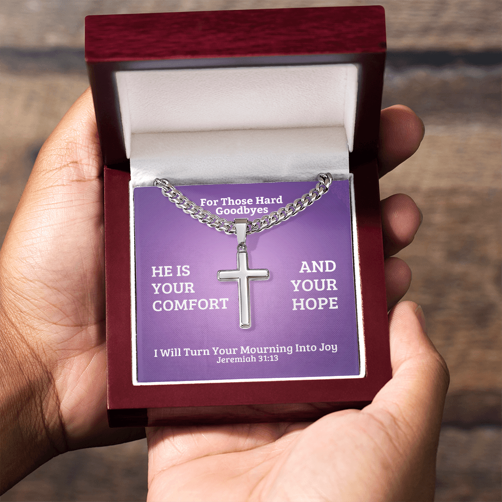 I Will Turn Your Mourning Into Joy (Jeremiah 31:13) | Premium Sterling Silver Cuban Link Cross Necklace