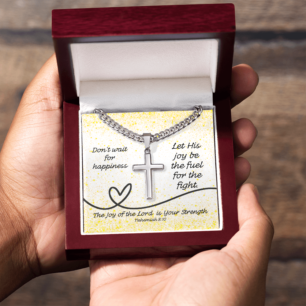 The Joy of the Lord Is Your Strength (Nehemiah 8:10) | Premium Sterling Silver Cuban Link Cross Necklace
