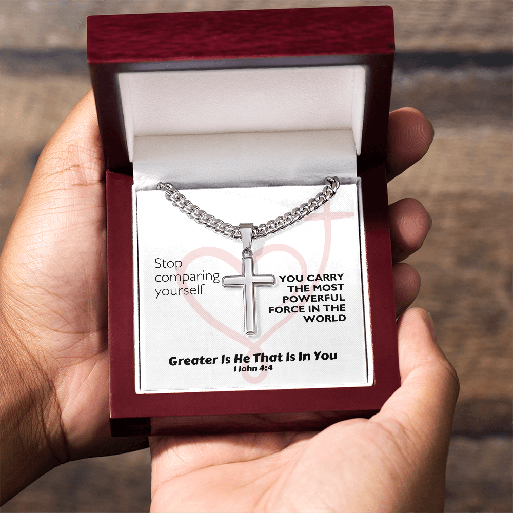 Greater Is He That Is In You (1 John 4:4) | Premium Sterling Silver Cuban Link Cross Necklace