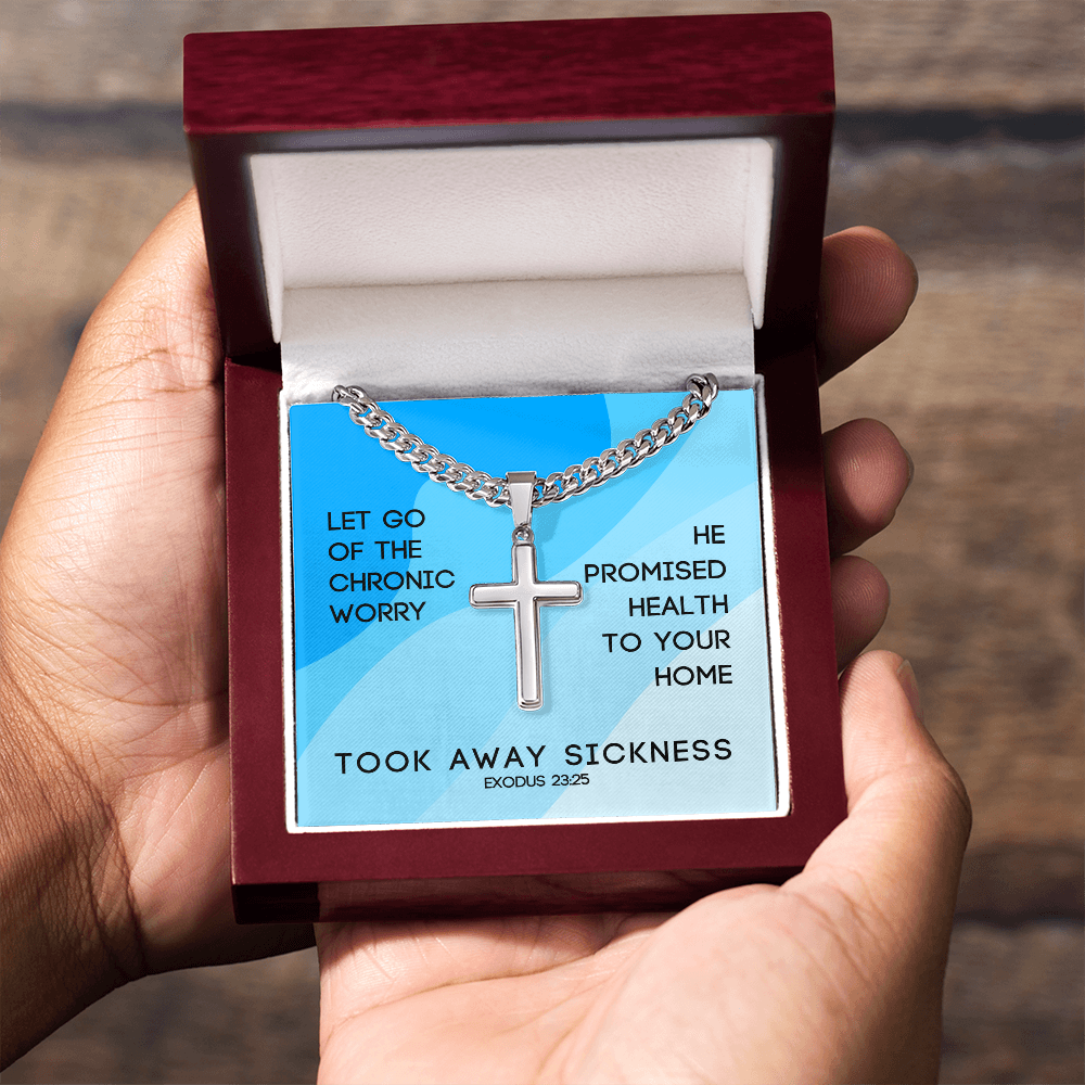 Took Away Sickness (Exodus 23:25) | Premium Sterling Silver Cuban Link Cross Necklace