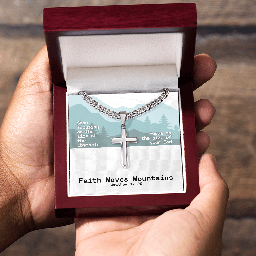 Faith Moves Mountains (Matthew 17:20) | Premium Sterling Silver Cuban Link Cross Necklace
