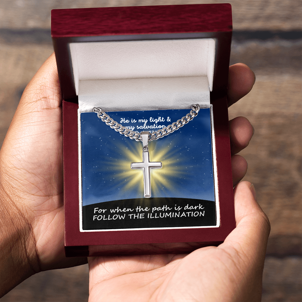 He Is My Light & My Salvation (Psalm 27:1) | Premium Sterling Silver Cuban Link Cross Necklace