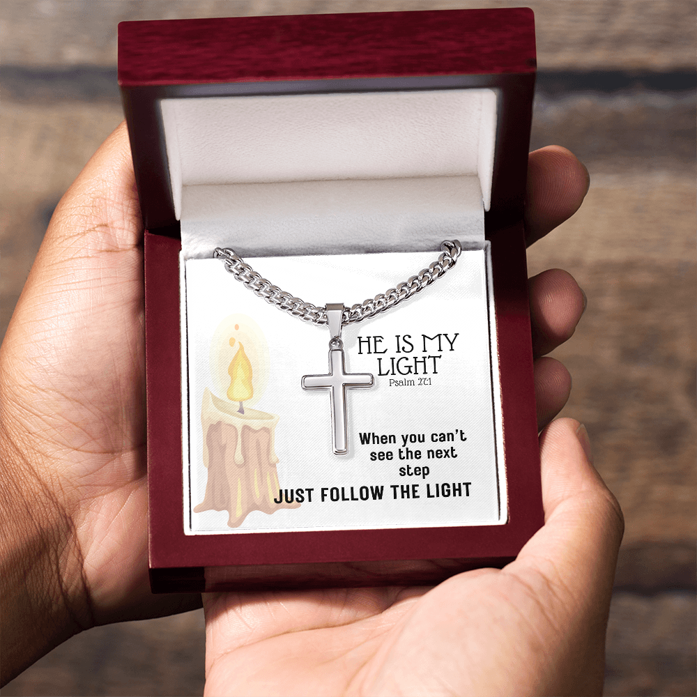 He Is My Light (Psalm 27:1) | Premium Sterling Silver Cuban Link Cross Necklace