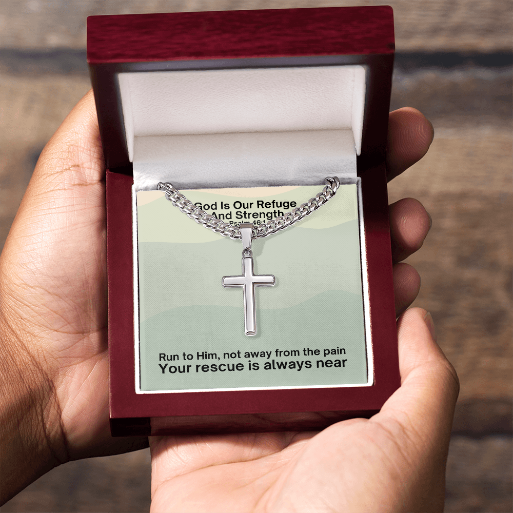 God Is Our Refuge And Strength (Psalm 46:1) | Premium Sterling Silver Cuban Link Cross Necklace