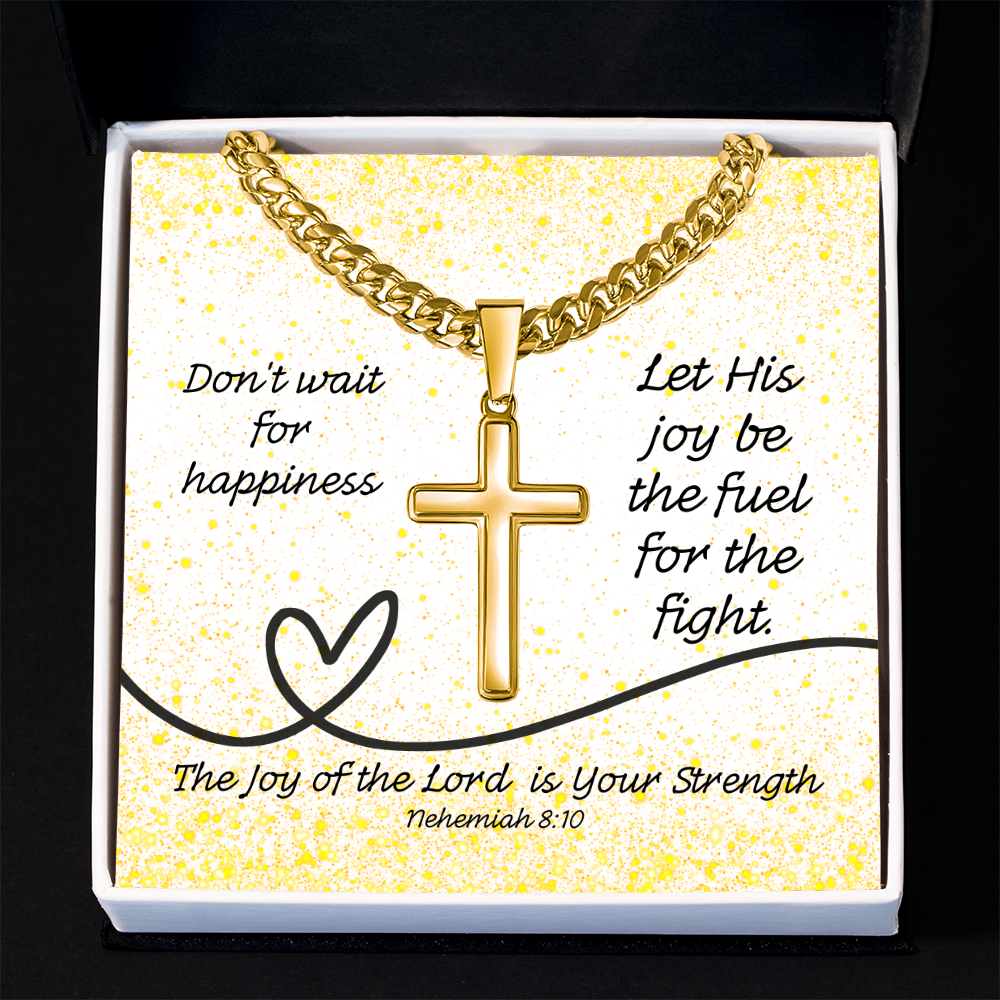 The Joy of the Lord Is Your Strength (Nehemiah 8:10) | Premium Sterling Silver Cuban Link Cross Necklace
