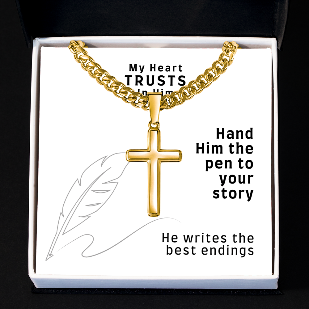 My Heart Trusts In Him (Psalm 28:7) | Premium Sterling Silver Cuban Link Cross Necklace